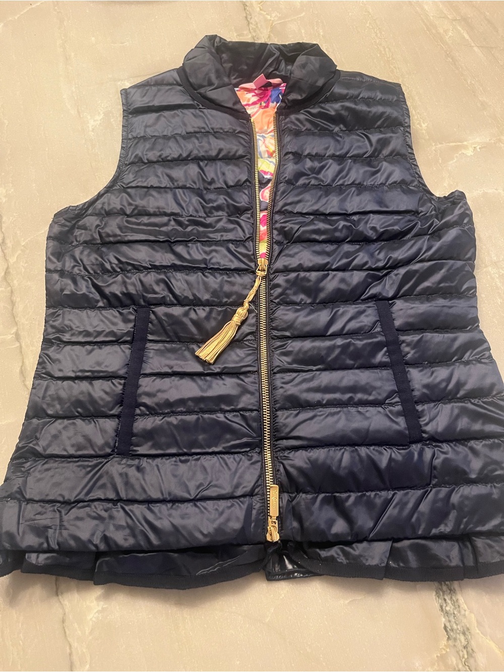 Lilly Pulitzer Navy Quilted Tassel Zip Packable Vest